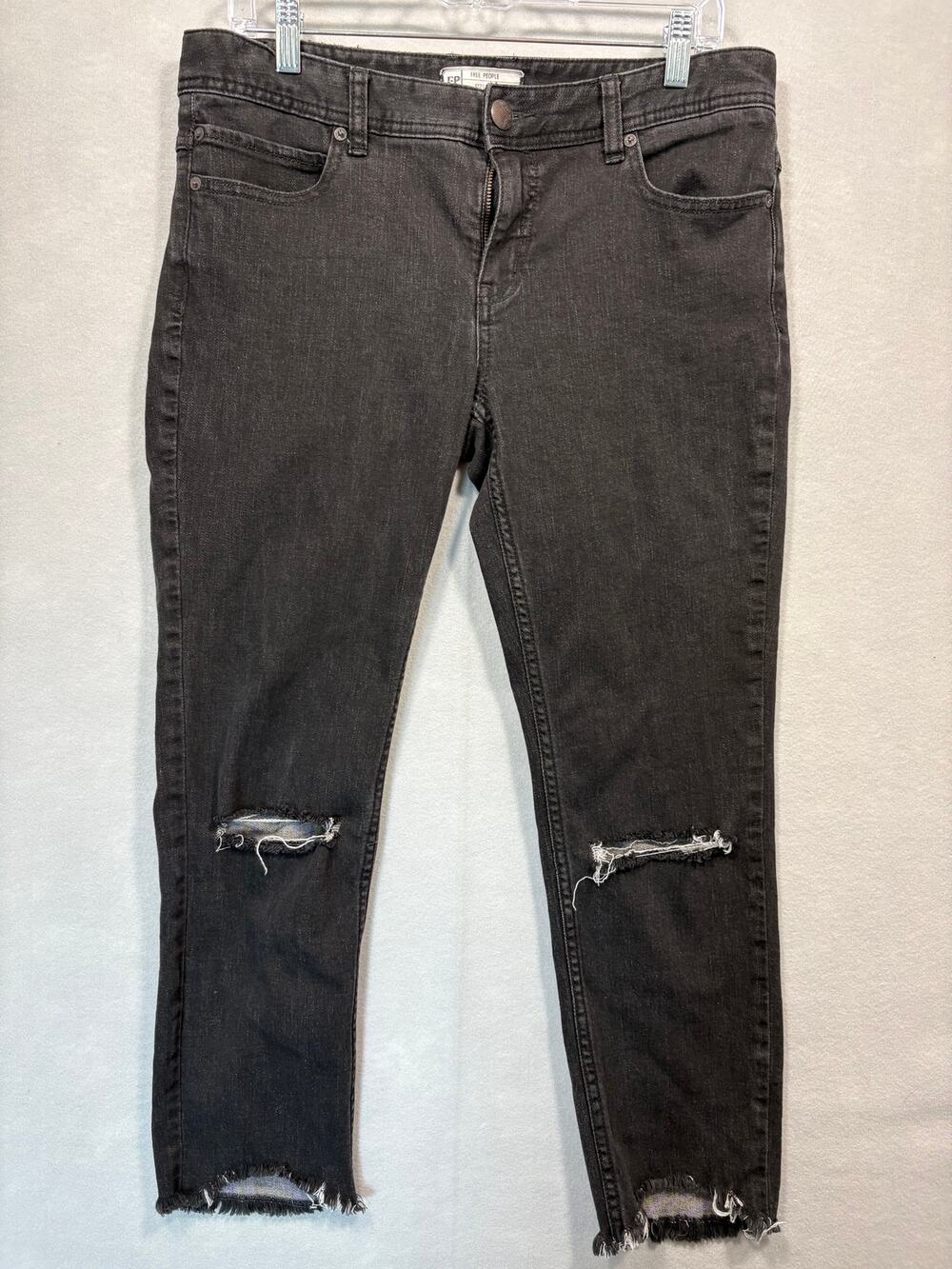 Free People Destroyed Skinny Jeans 30 Black Frayed Raw Hem Distressed Cropped